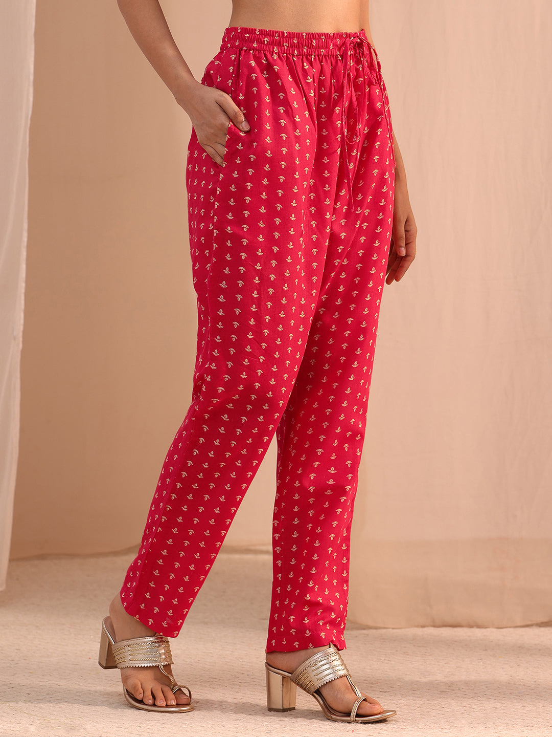  Red Yoke Embellished Cotton Blend Straight Suit Set 