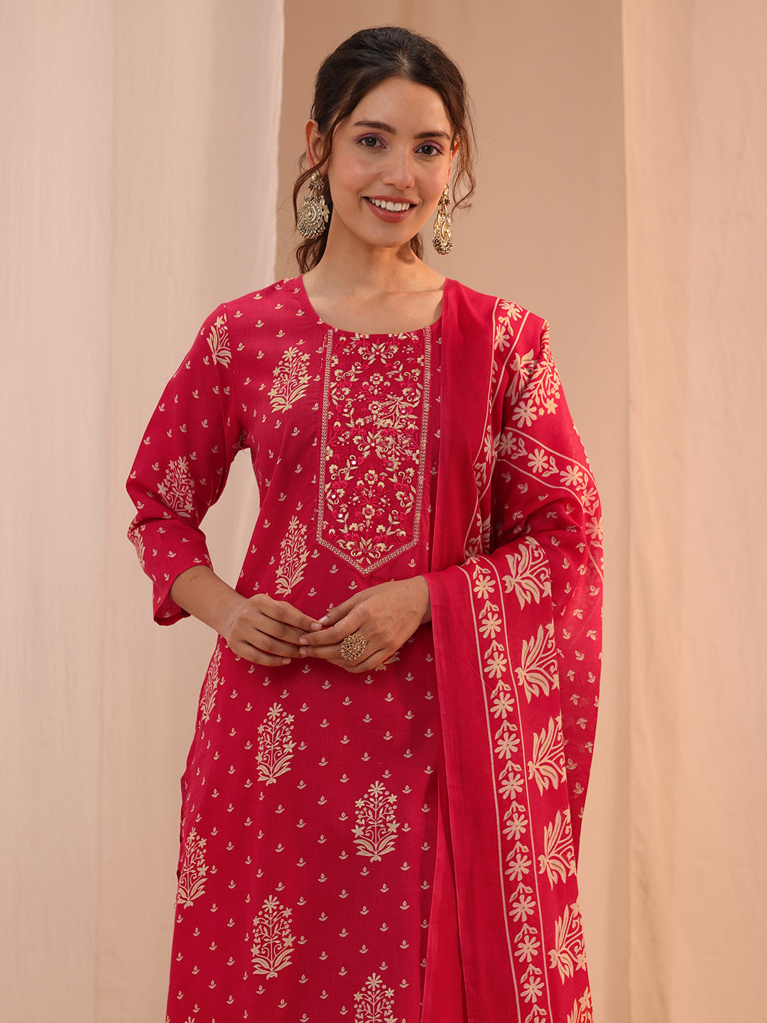  Red Yoke Embellished Cotton Blend Straight Suit Set 