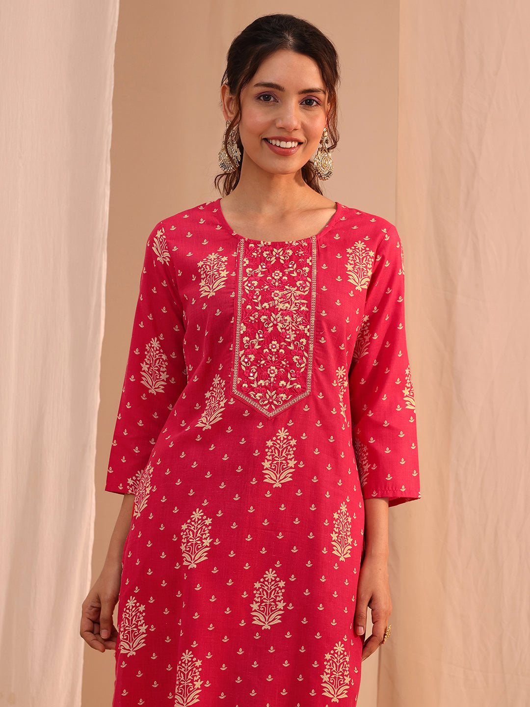  Red Yoke Embellished Cotton Blend Straight Suit Set 