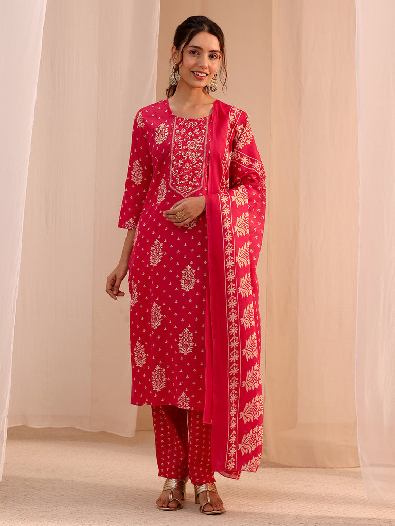 Gerua Red Yoke Embellished Cotton Blend Straight Suit Set