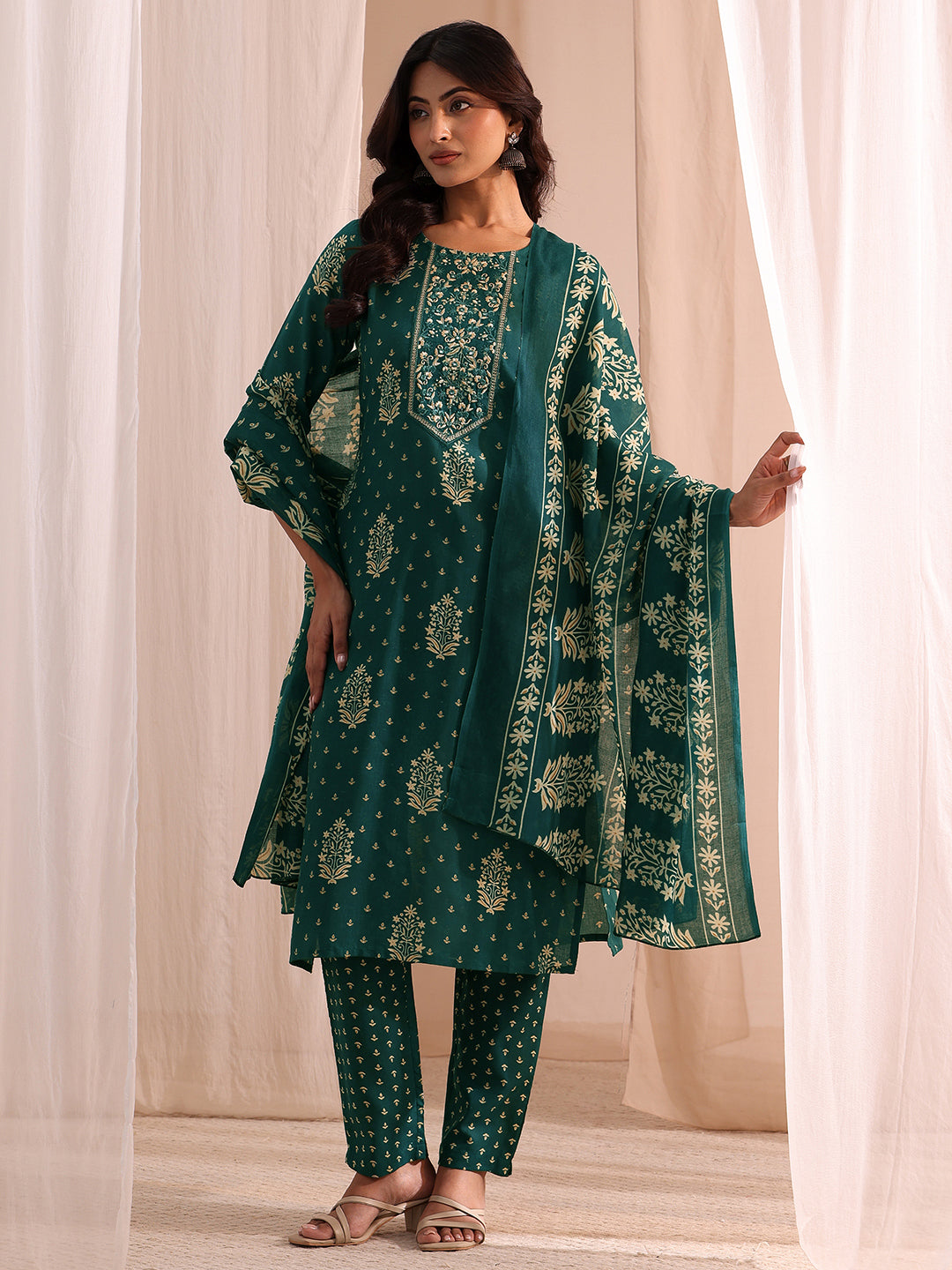  Teal Yoke Embellished Cotton Blend Straight Suit Set 