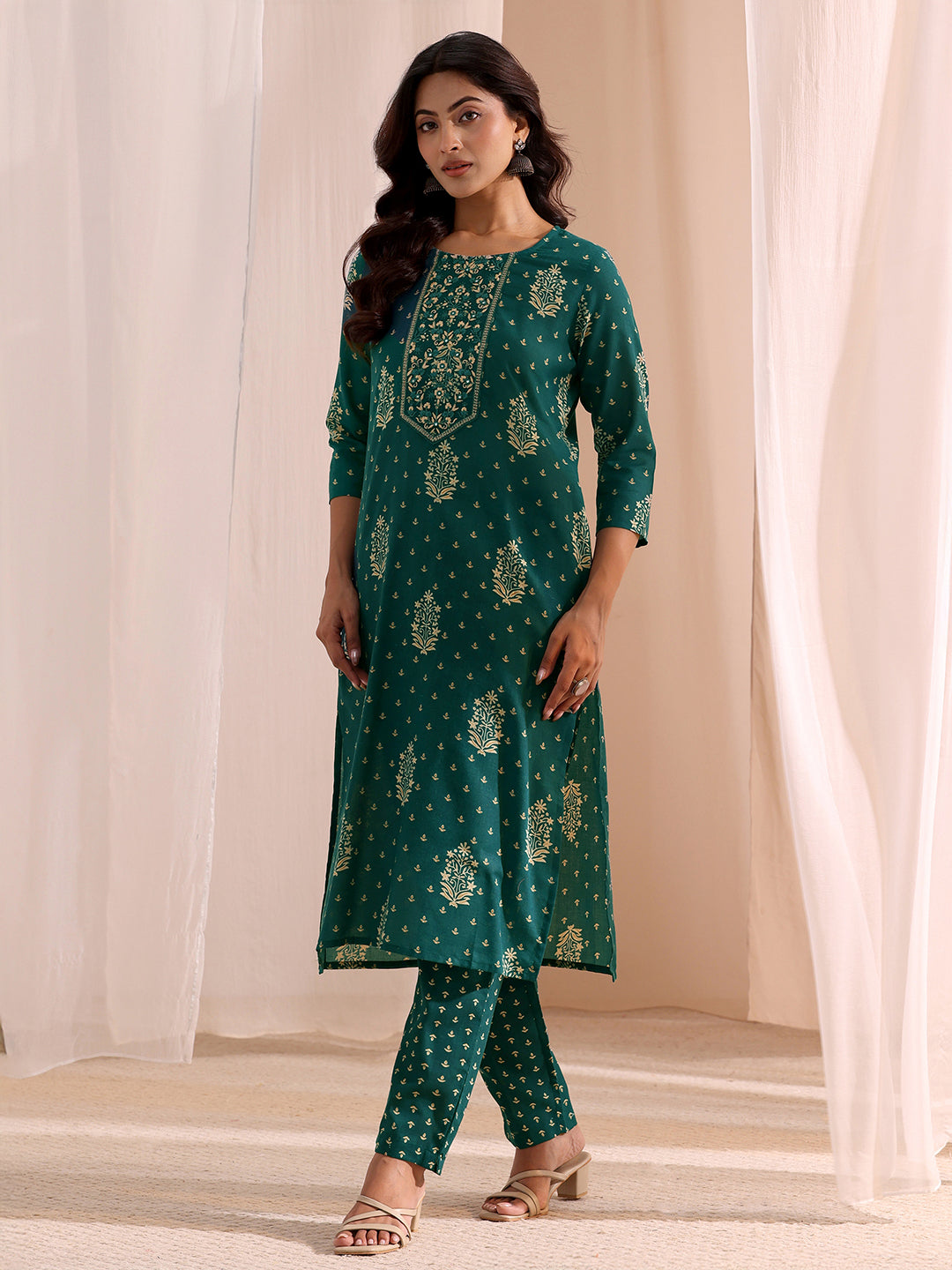  Teal Yoke Embellished Cotton Blend Straight Suit Set 