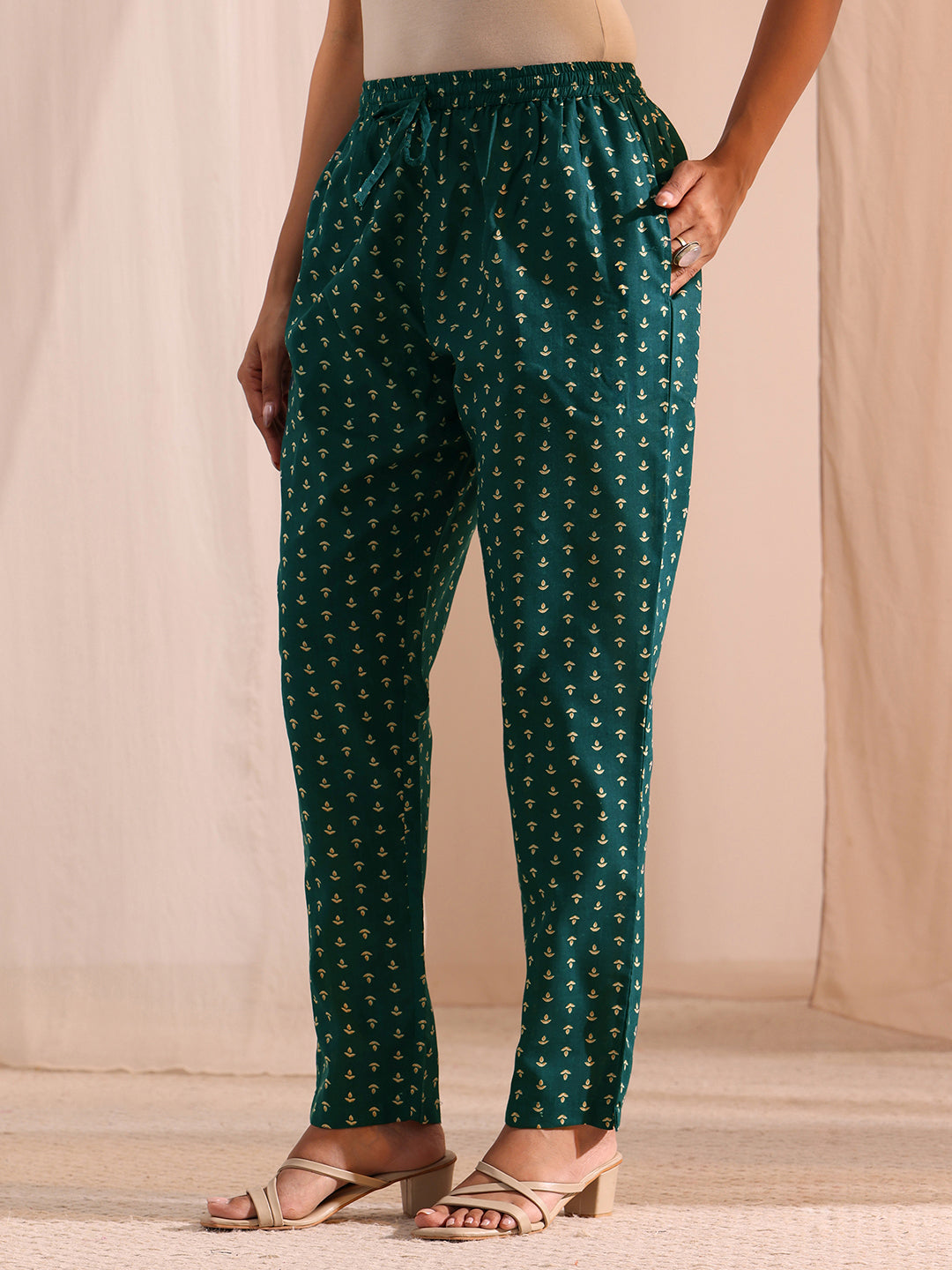  Teal Yoke Embellished Cotton Blend Straight Suit Set 