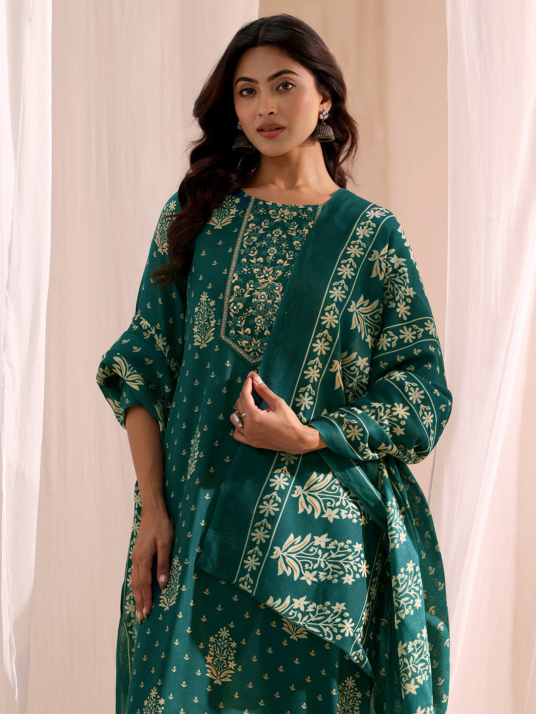  Teal Yoke Embellished Cotton Blend Straight Suit Set 