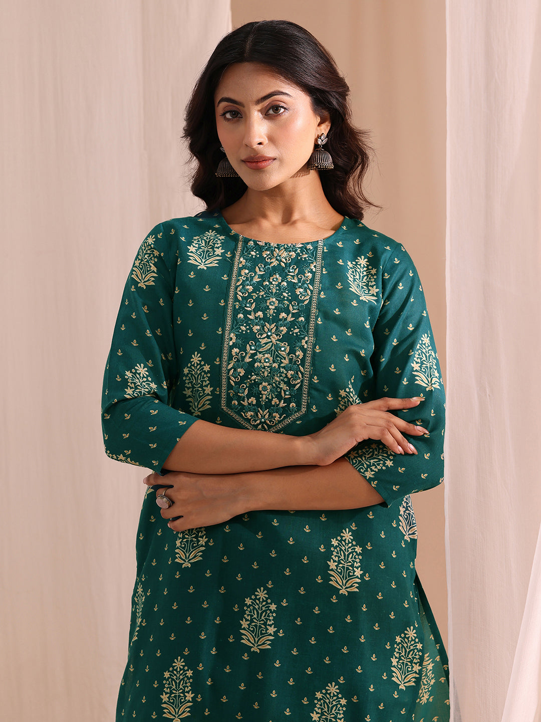  Teal Yoke Embellished Cotton Blend Straight Suit Set 