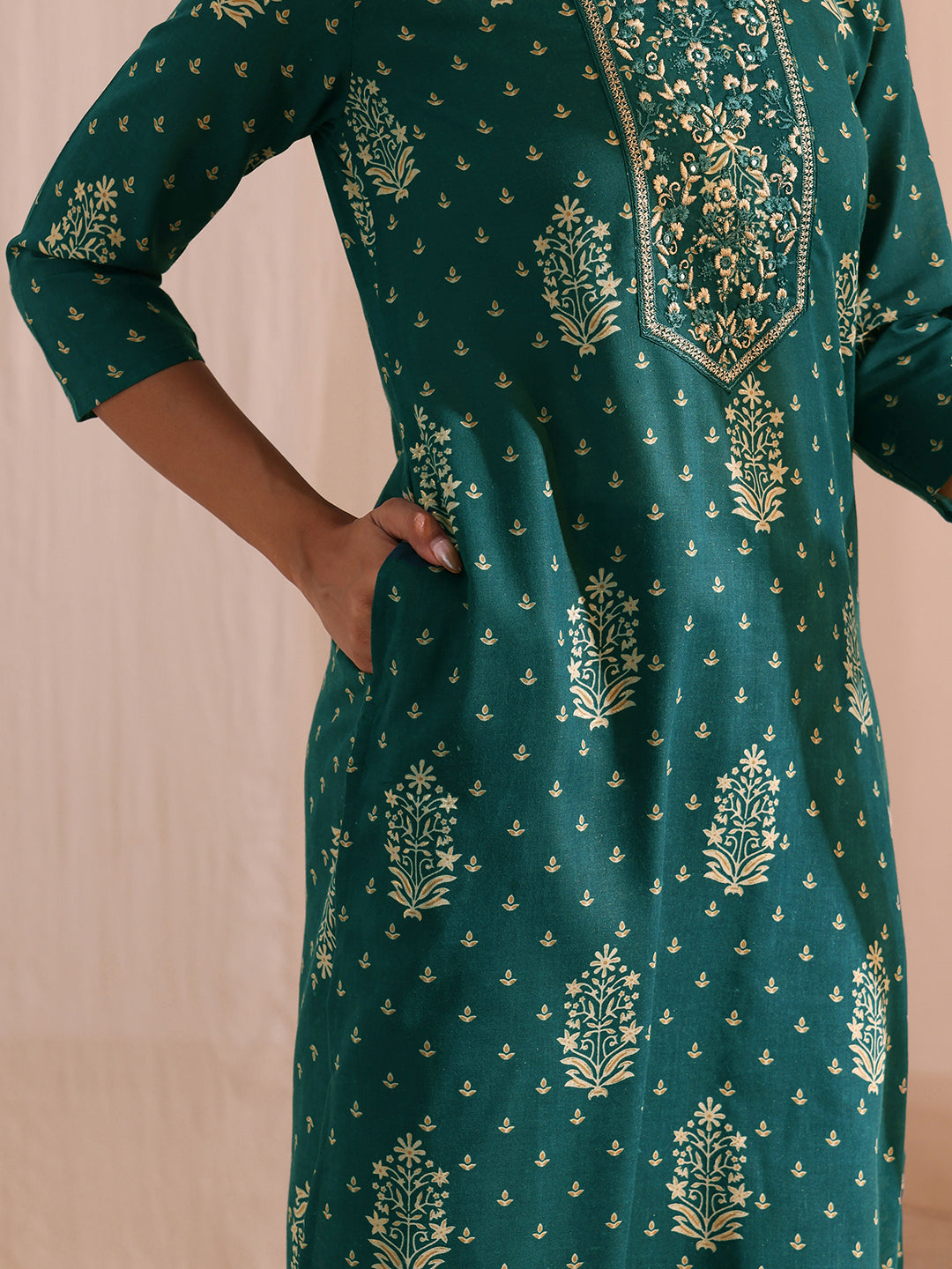  Teal Yoke Embellished Cotton Blend Straight Suit Set 
