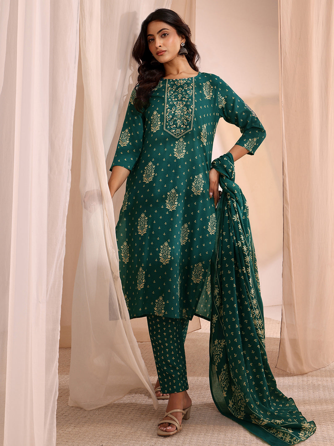 Teal Yoke Embellished Cotton Blend Straight Suit Set 