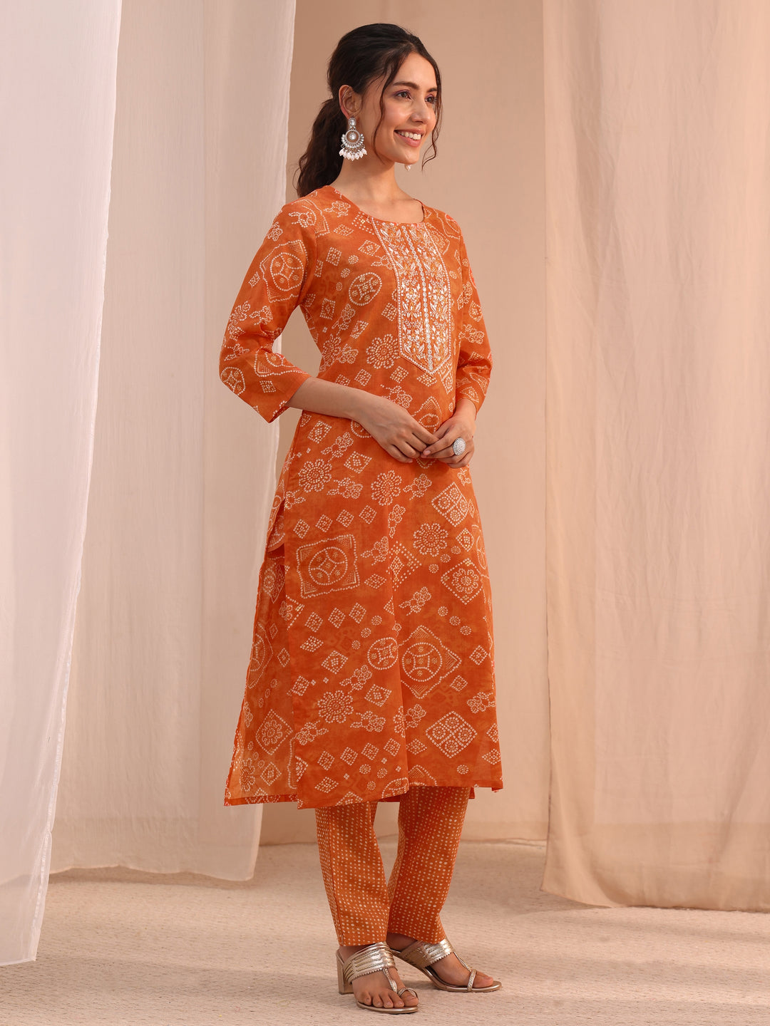  Orange Bandhani Printed Cotton Blend Straight Suit Set 