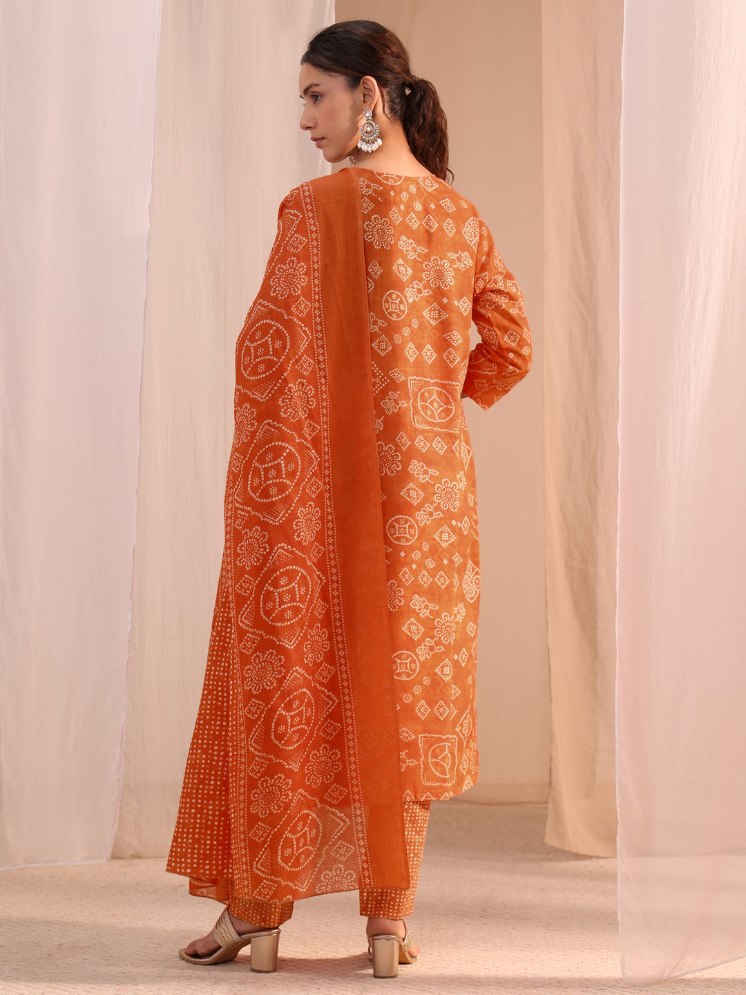  Orange Bandhani Printed Cotton Blend Straight Suit Set 