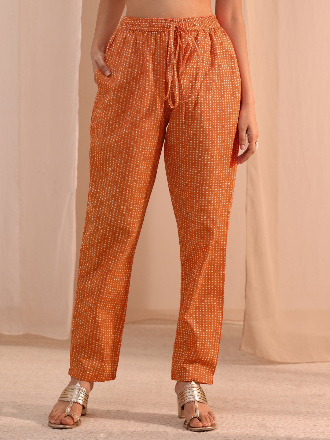  Orange Bandhani Printed Cotton Blend Straight Suit Set 