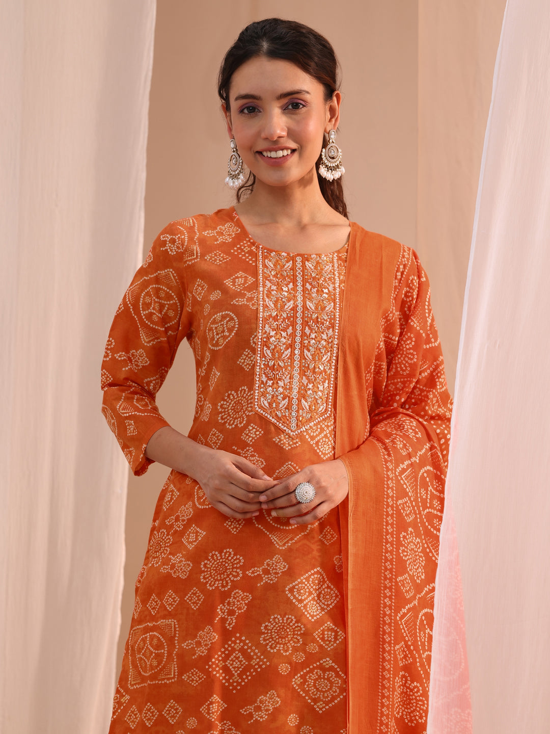  Orange Bandhani Printed Cotton Blend Straight Suit Set 