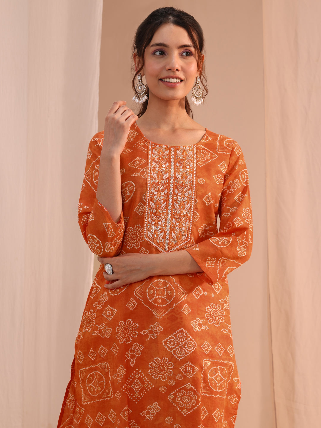  Orange Bandhani Printed Cotton Blend Straight Suit Set 