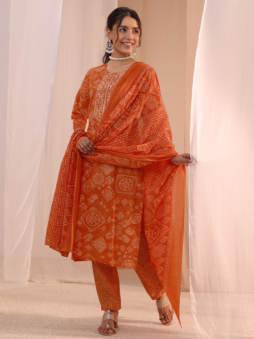  Orange Bandhani Printed Cotton Blend Straight Suit Set 