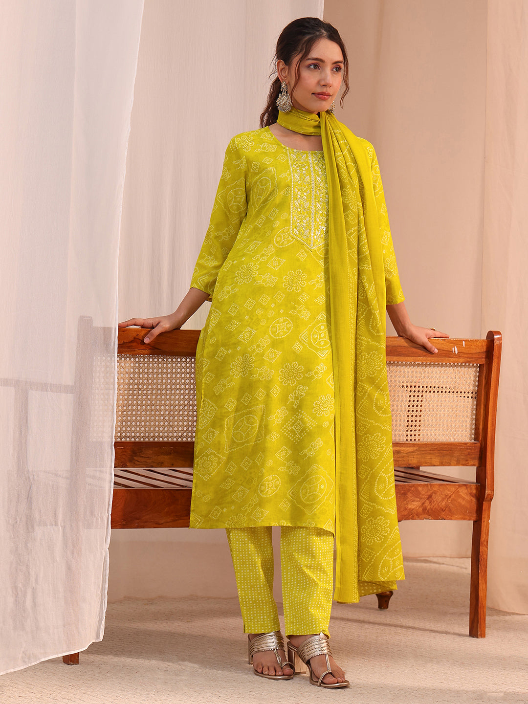 libas Green Bandhani Printed Cotton Blend Straight Suit Set-picture-29