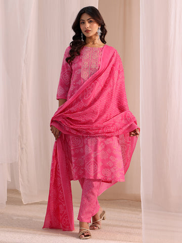 Pink Bandhani Printed Cotton Blend Straight Suit Set