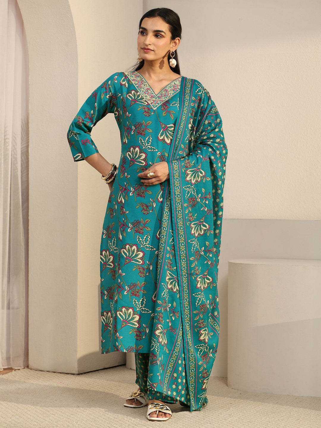  Gerua Turquoise Blue Floral Printed Cotton Blend Straight Suit Set 