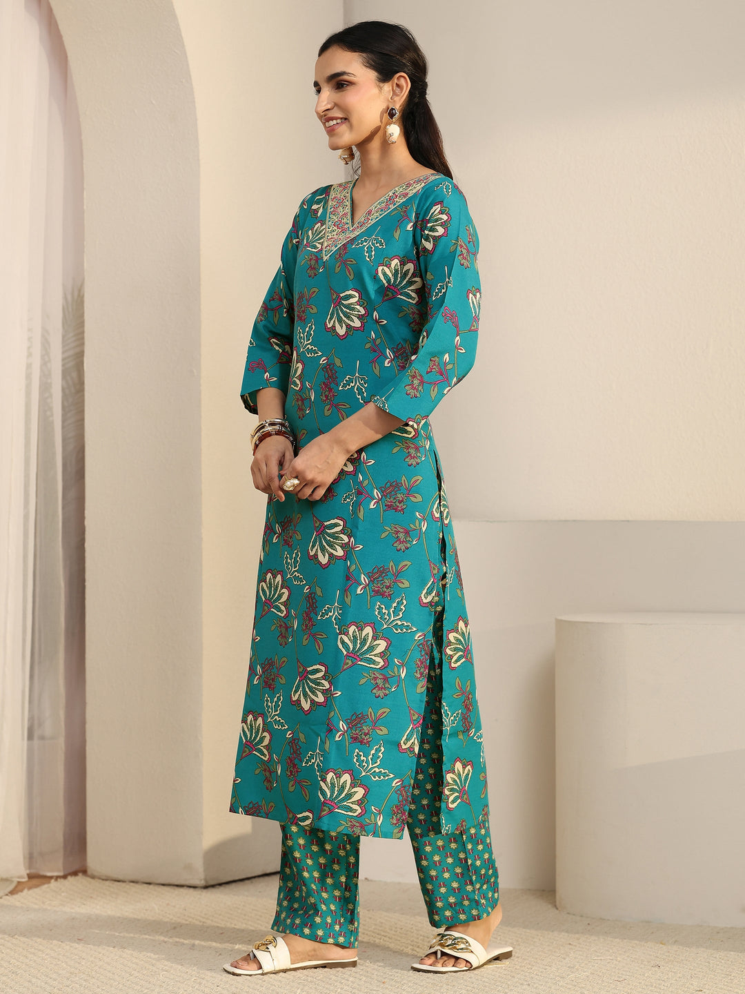  Gerua Turquoise Blue Floral Printed Cotton Blend Straight Suit Set 