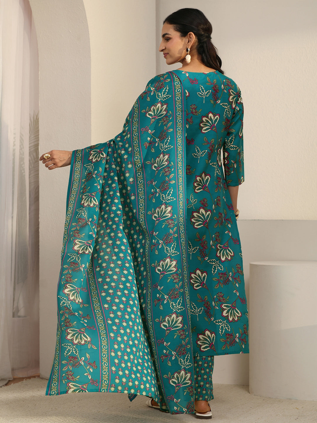  Gerua Turquoise Blue Floral Printed Cotton Blend Straight Suit Set 