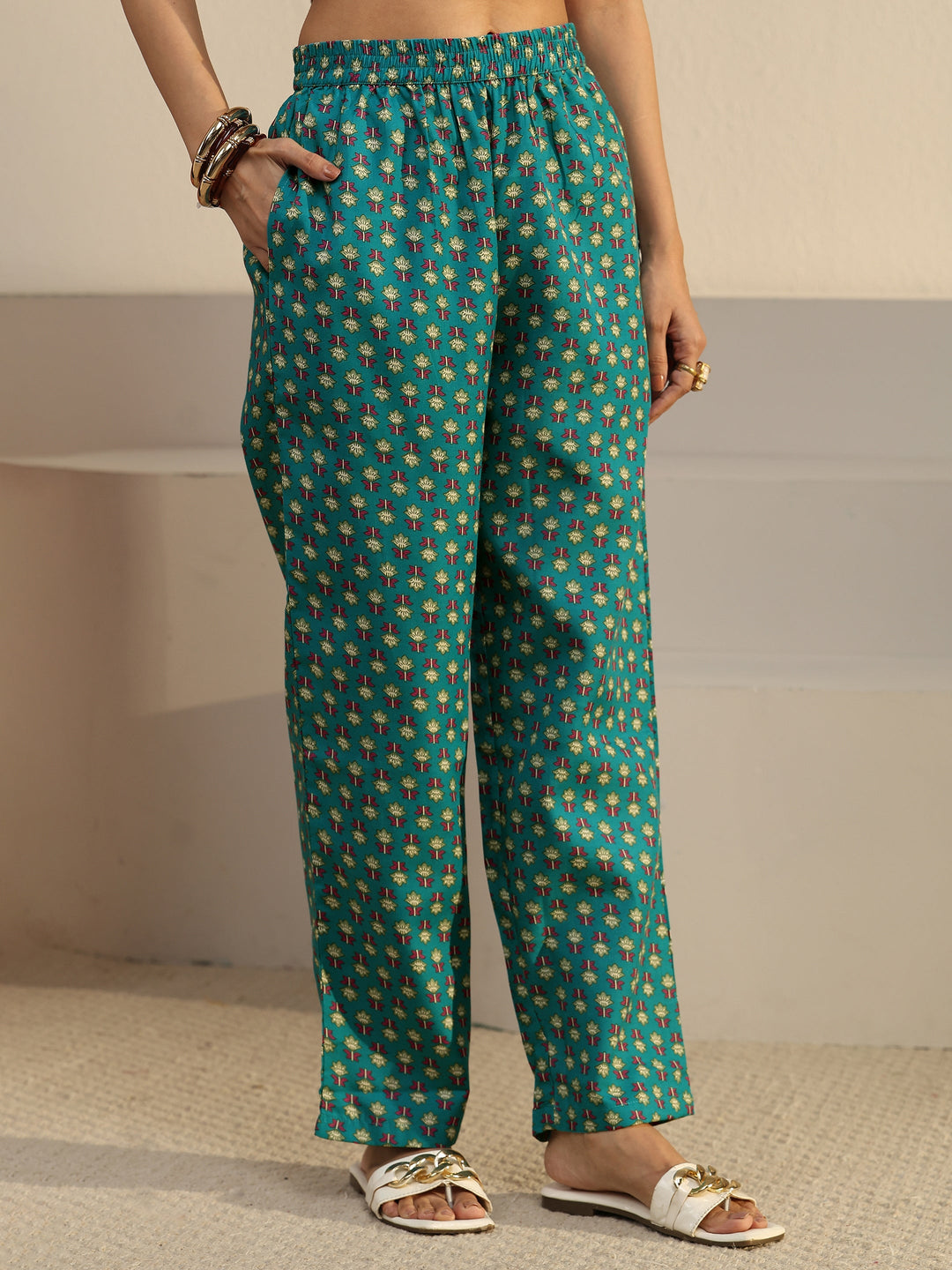  Gerua Turquoise Blue Floral Printed Cotton Blend Straight Suit Set 