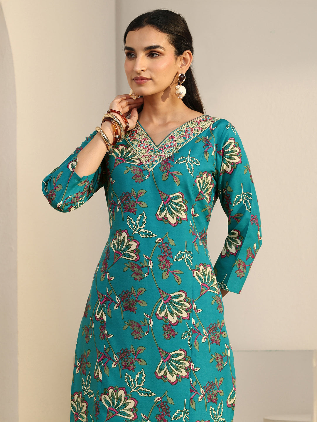  Gerua Turquoise Blue Floral Printed Cotton Blend Straight Suit Set 