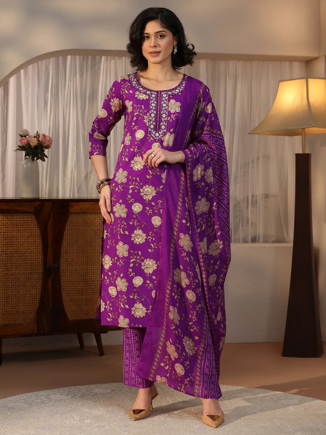  Gerua Purple Floral Printed Straight Suit Set 