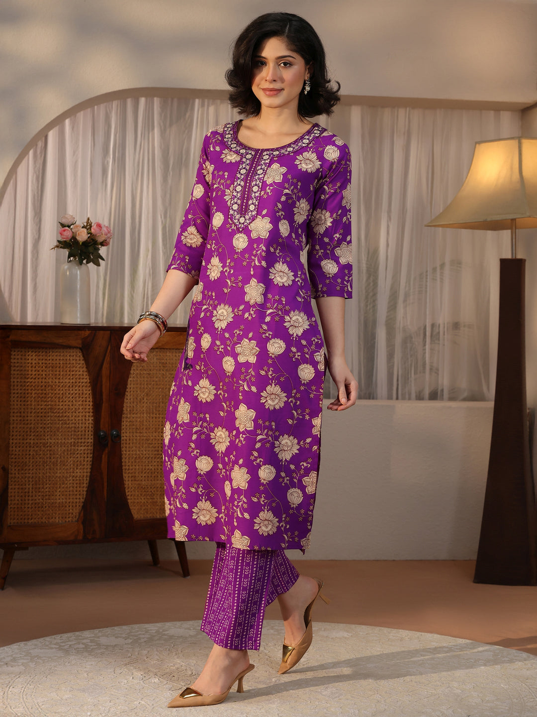  Gerua Purple Floral Printed Straight Suit Set 