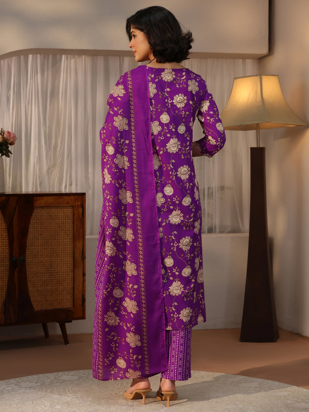  Gerua Purple Floral Printed Straight Suit Set 