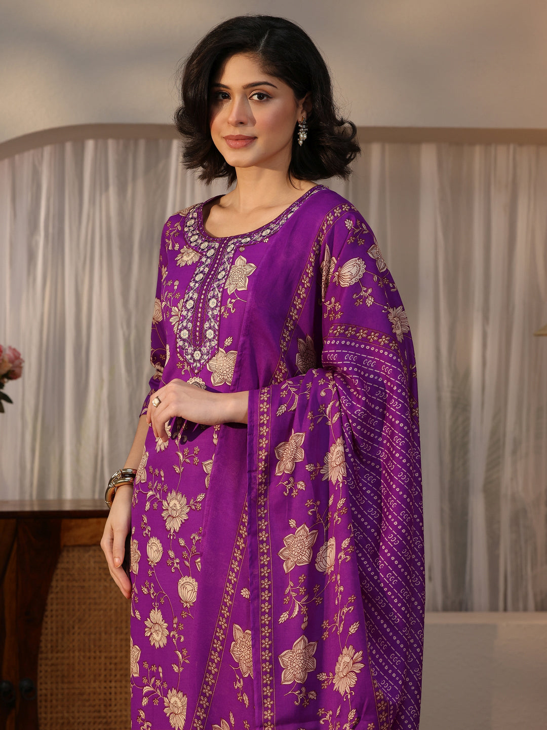  Gerua Purple Floral Printed Straight Suit Set 