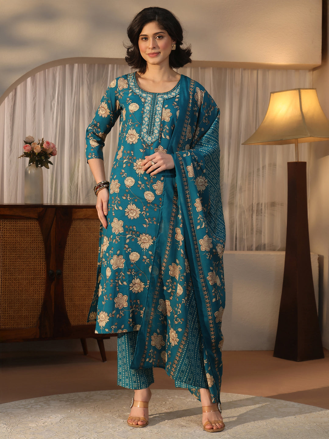  Gerua Teal Blue Floral Printed Straight Suit Set 