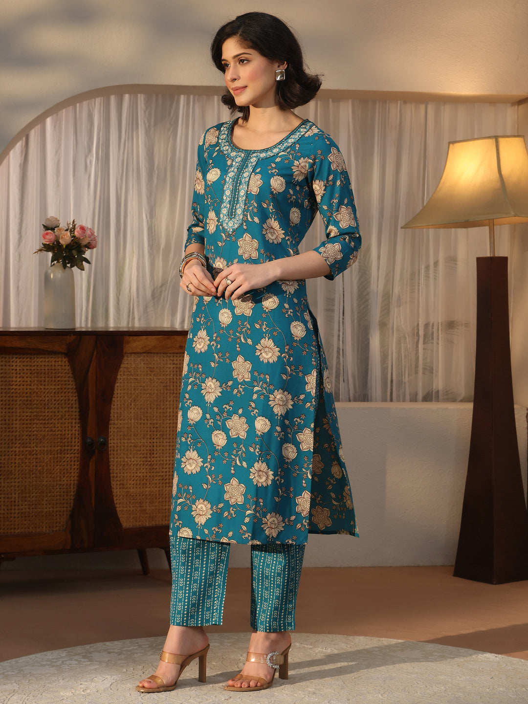  Gerua Teal Blue Floral Printed Straight Suit Set 
