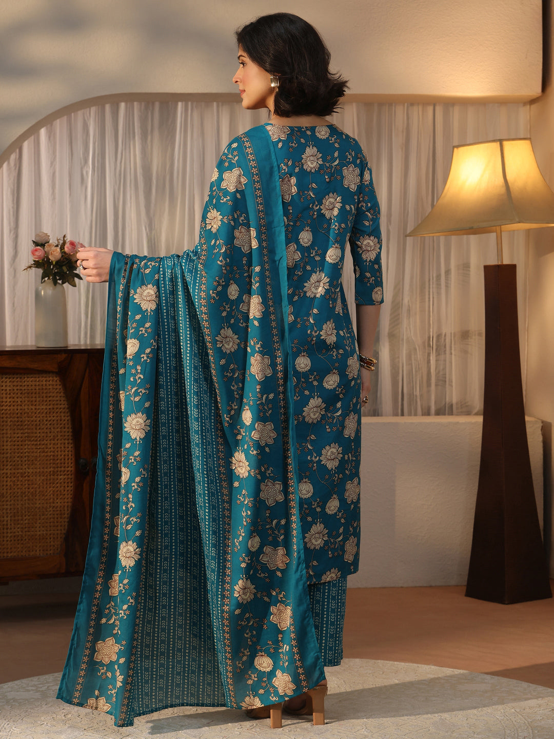  Gerua Teal Blue Floral Printed Straight Suit Set 