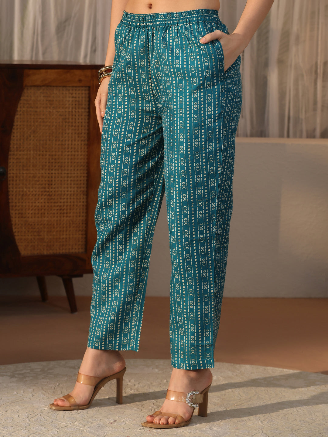  Gerua Teal Blue Floral Printed Straight Suit Set 