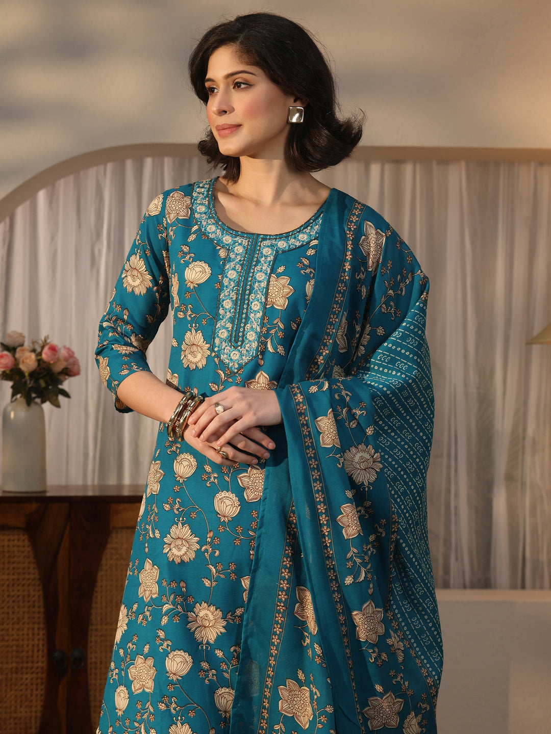  Gerua Teal Blue Floral Printed Straight Suit Set 