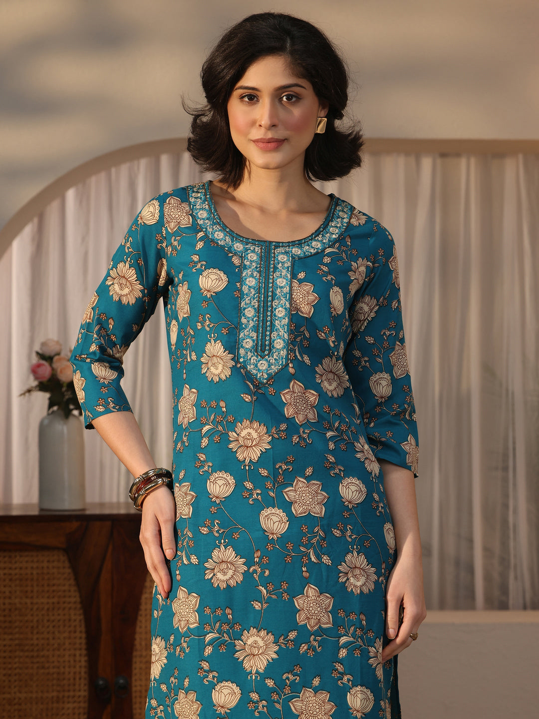  Gerua Teal Blue Floral Printed Straight Suit Set 