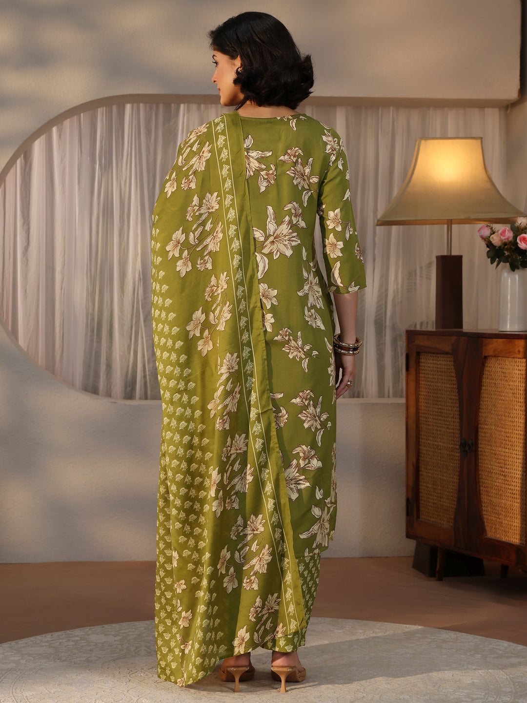  Gerua Green Floral Printed Straight Suit Set 
