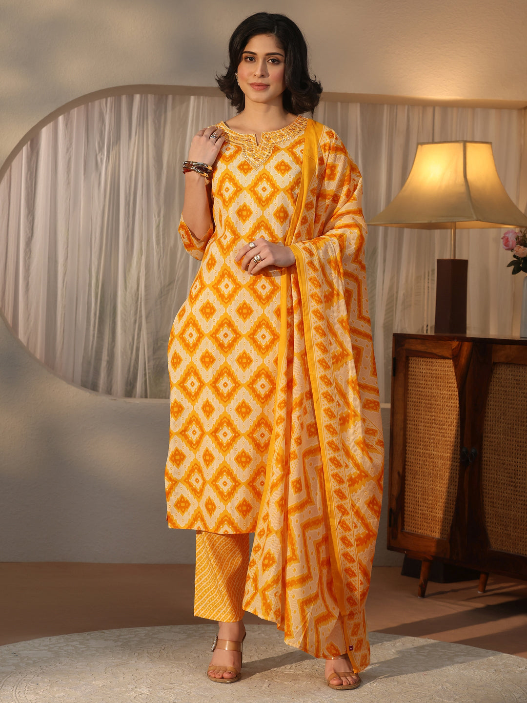  Gerua Mustard Geometric Printed Straight Suit Set 