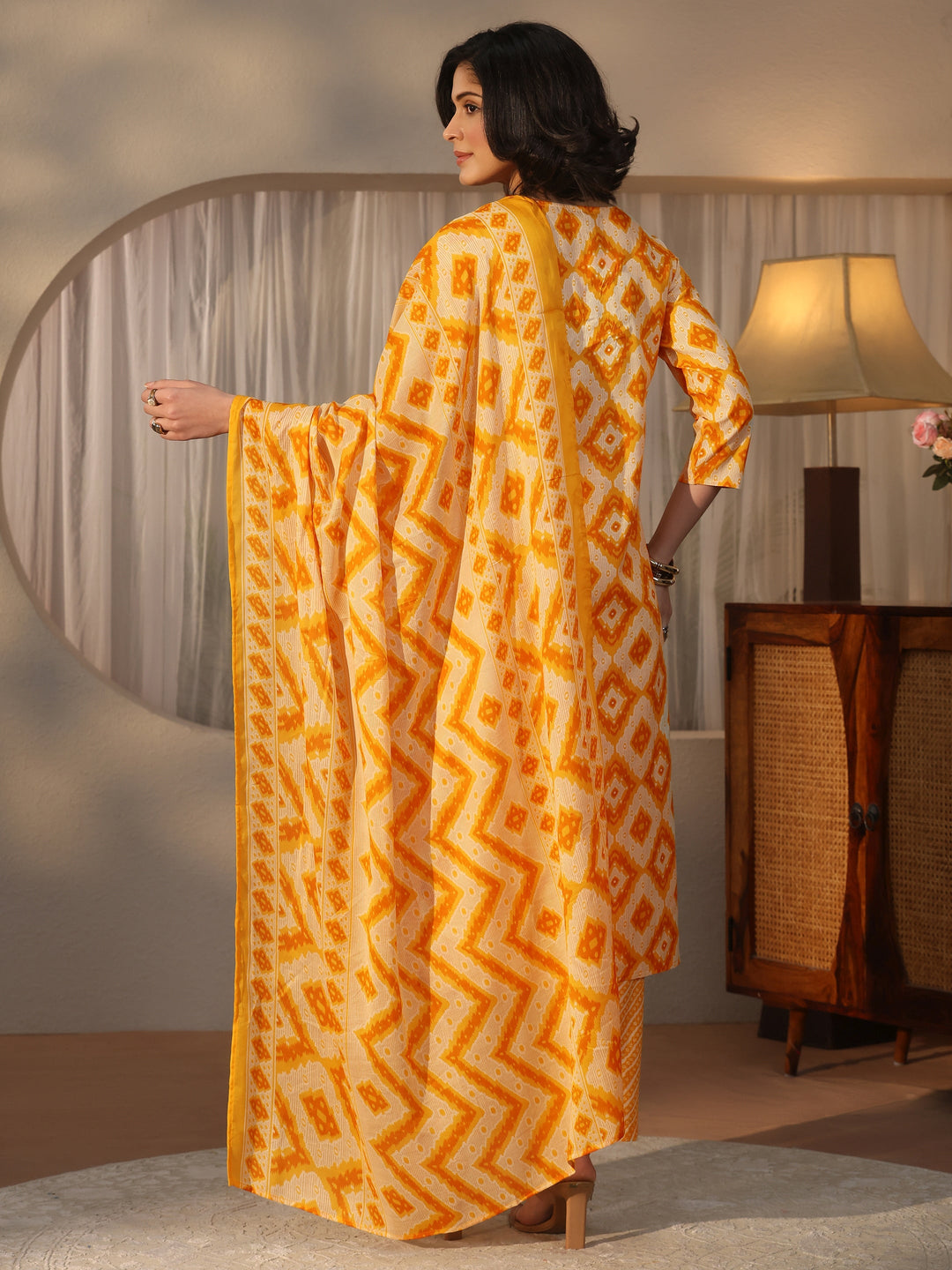  Gerua Mustard Geometric Printed Straight Suit Set 
