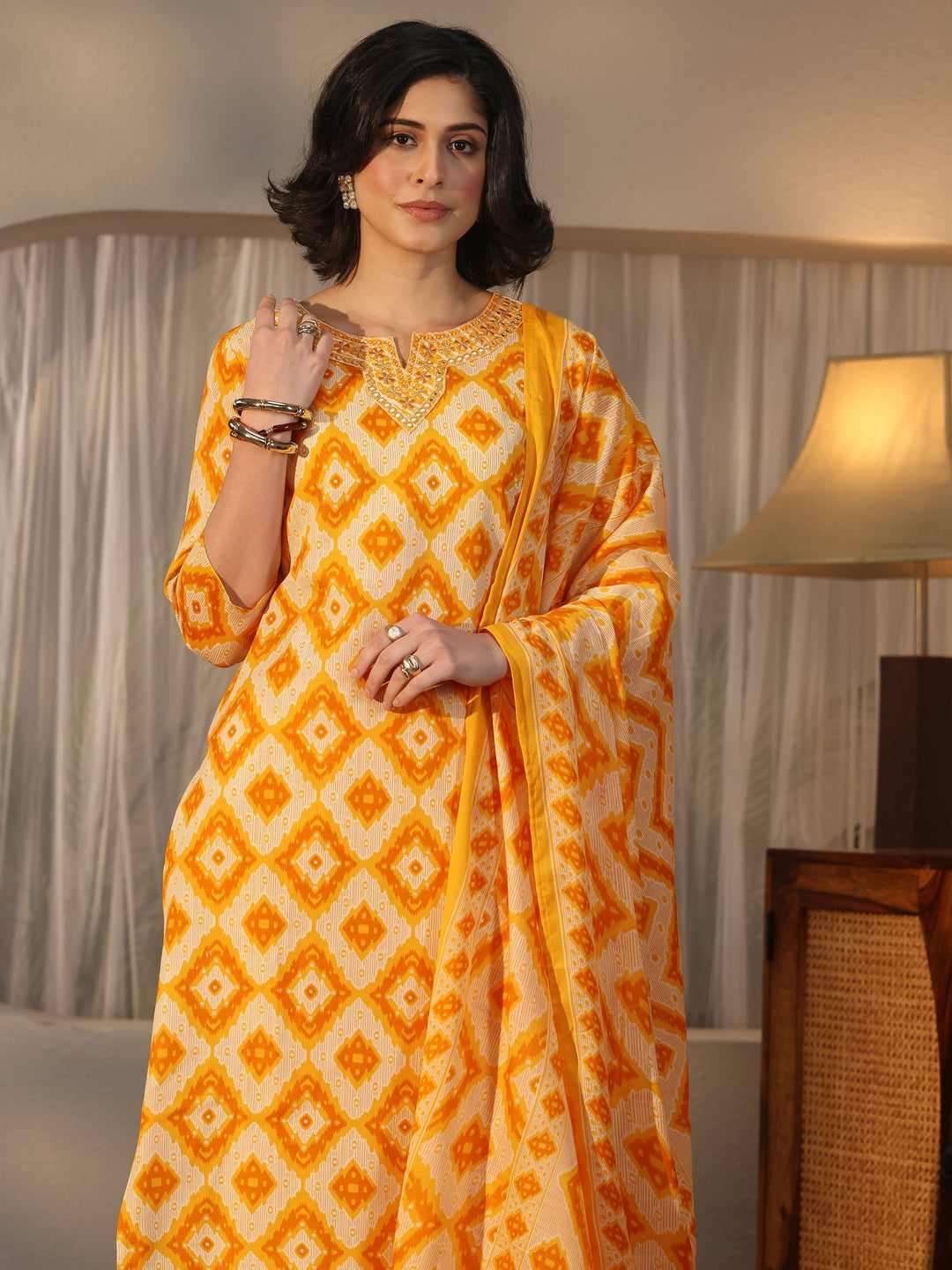  Gerua Mustard Geometric Printed Straight Suit Set 