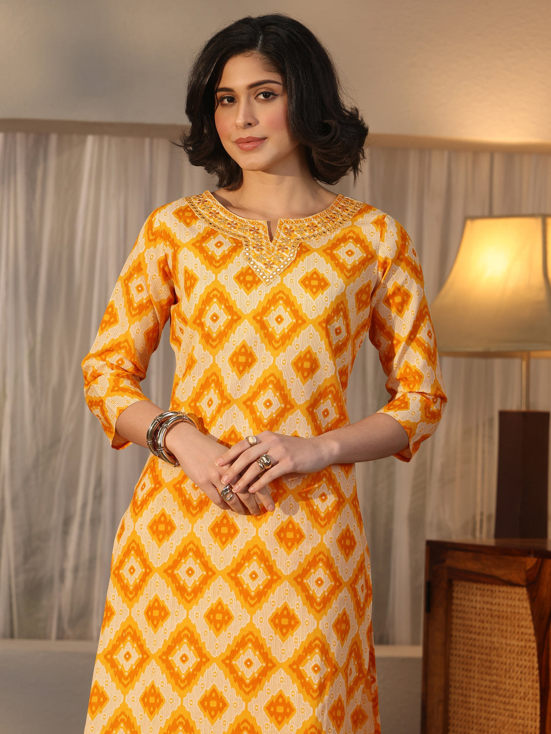  Gerua Mustard Geometric Printed Straight Suit Set 