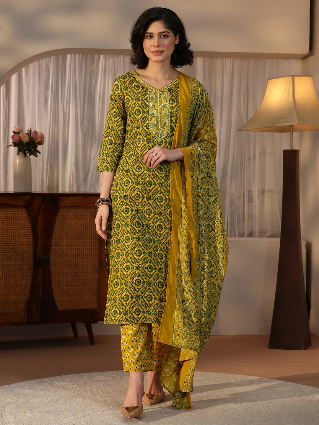  Gerua Mustard Ajrakh Printed Straight Suit Set 