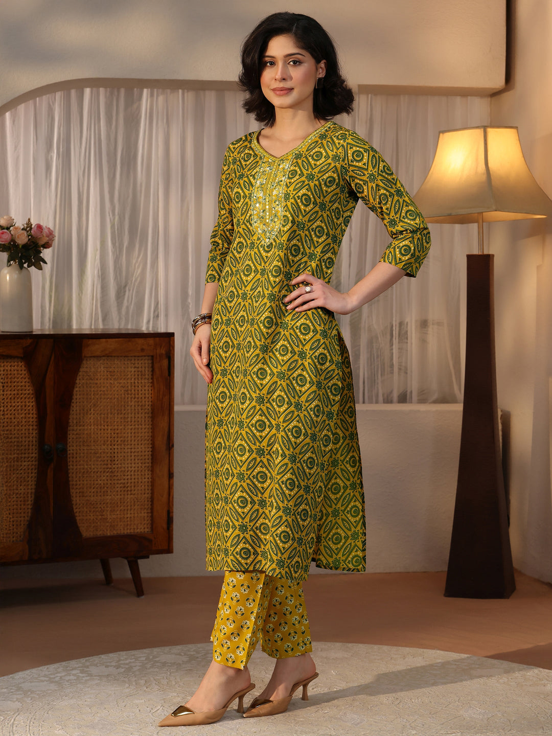  Gerua Mustard Ajrakh Printed Straight Suit Set 