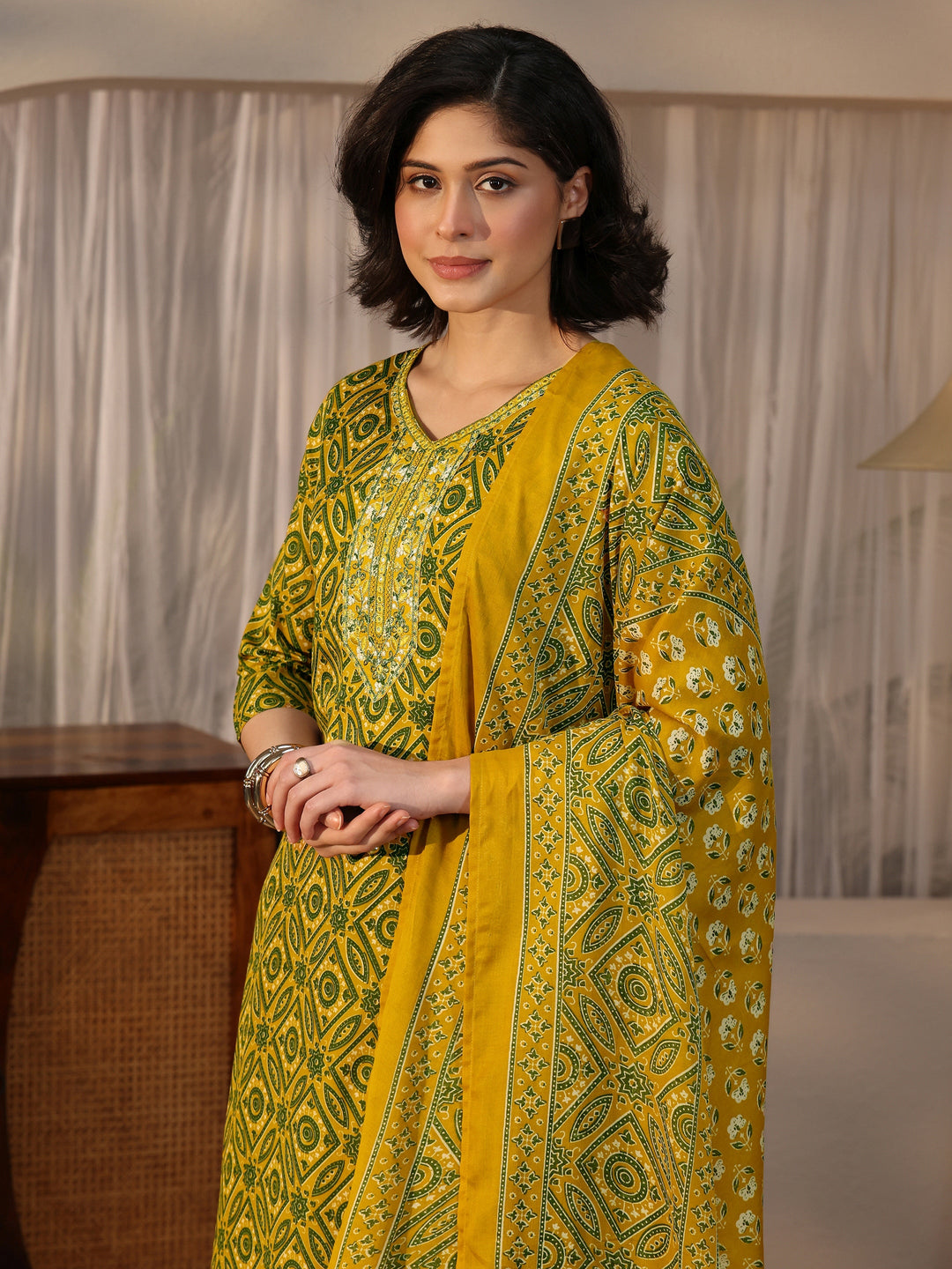  Gerua Mustard Ajrakh Printed Straight Suit Set 
