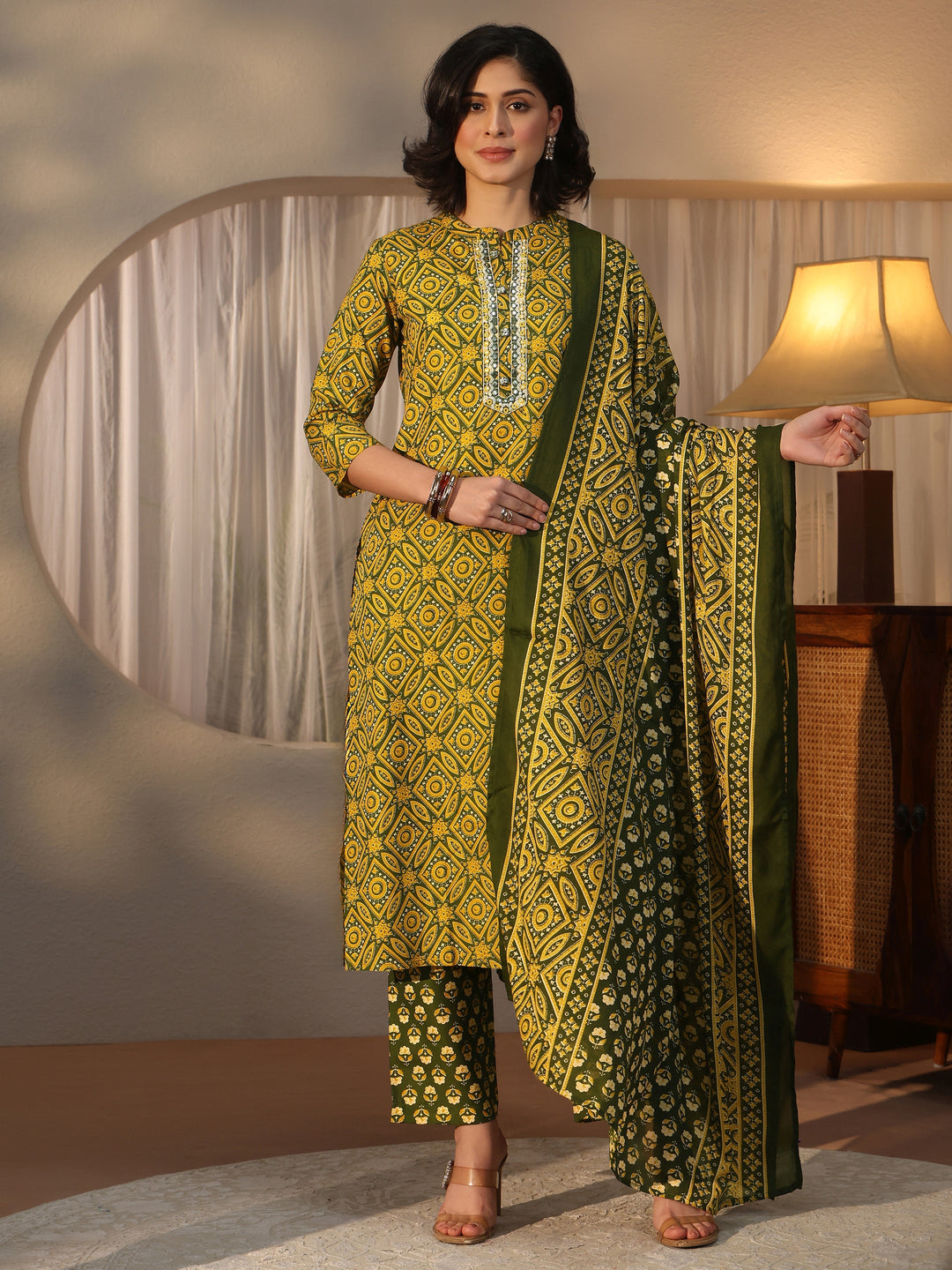  Gerua Green Ajrakh Printed Straight Suit Set 