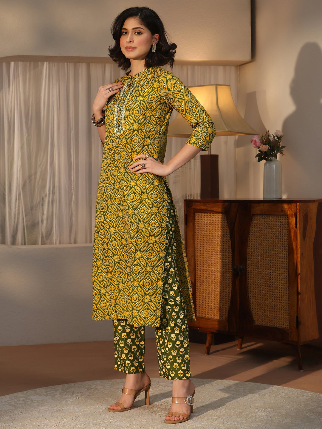  Gerua Green Ajrakh Printed Straight Suit Set 