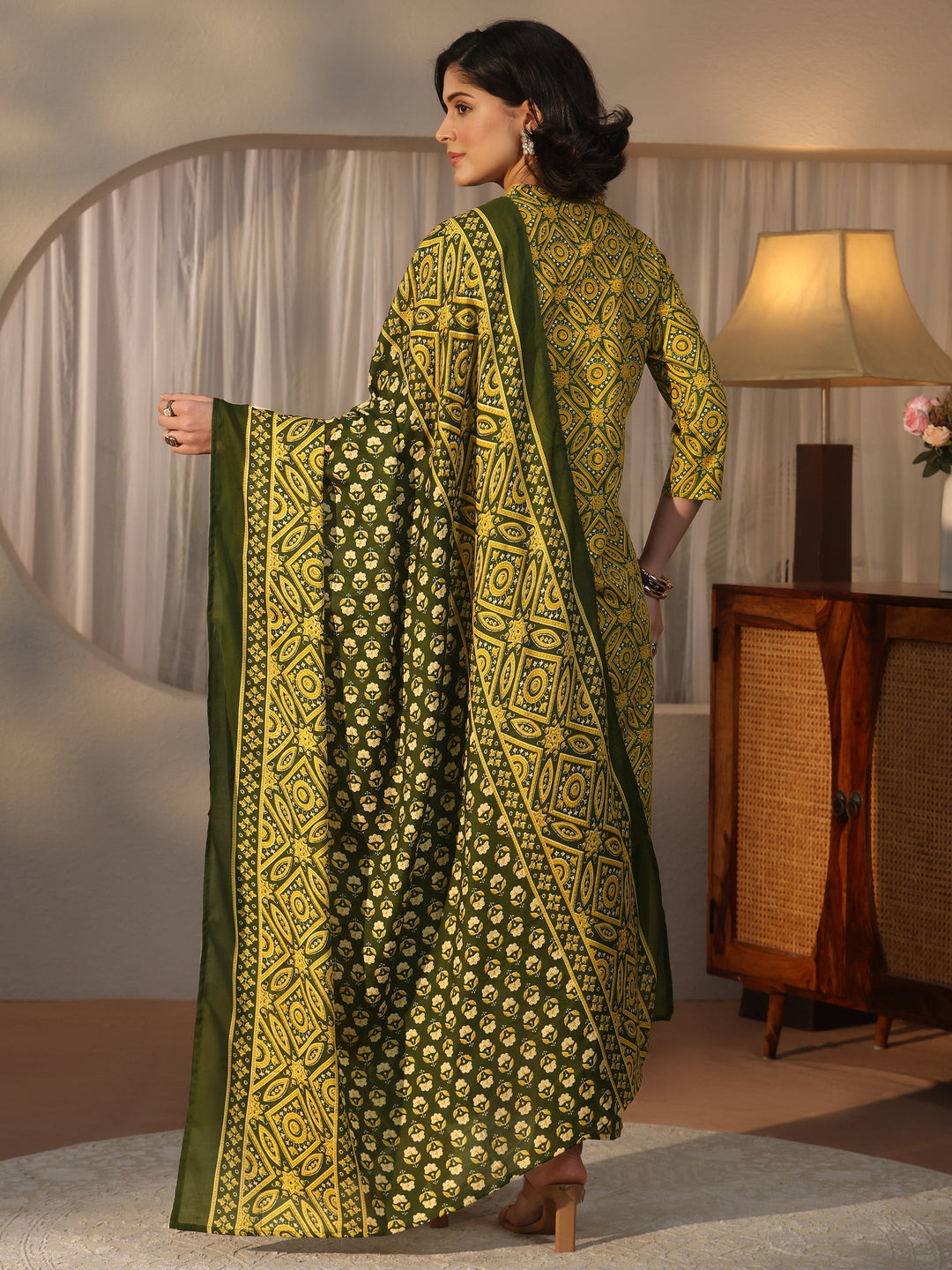  Gerua Green Ajrakh Printed Straight Suit Set 