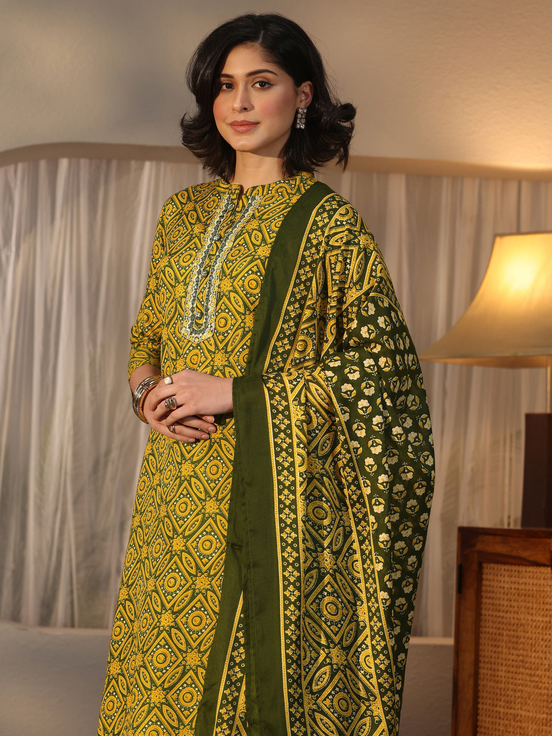  Gerua Green Ajrakh Printed Straight Suit Set 