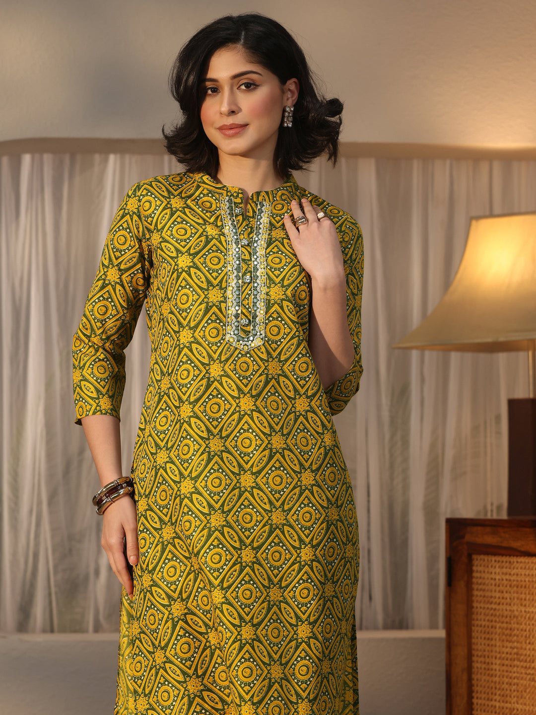  Gerua Green Ajrakh Printed Straight Suit Set 