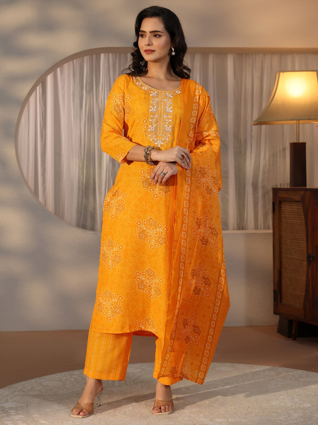  Gerua Mustard Bandhani Printed Straight Suit Set 