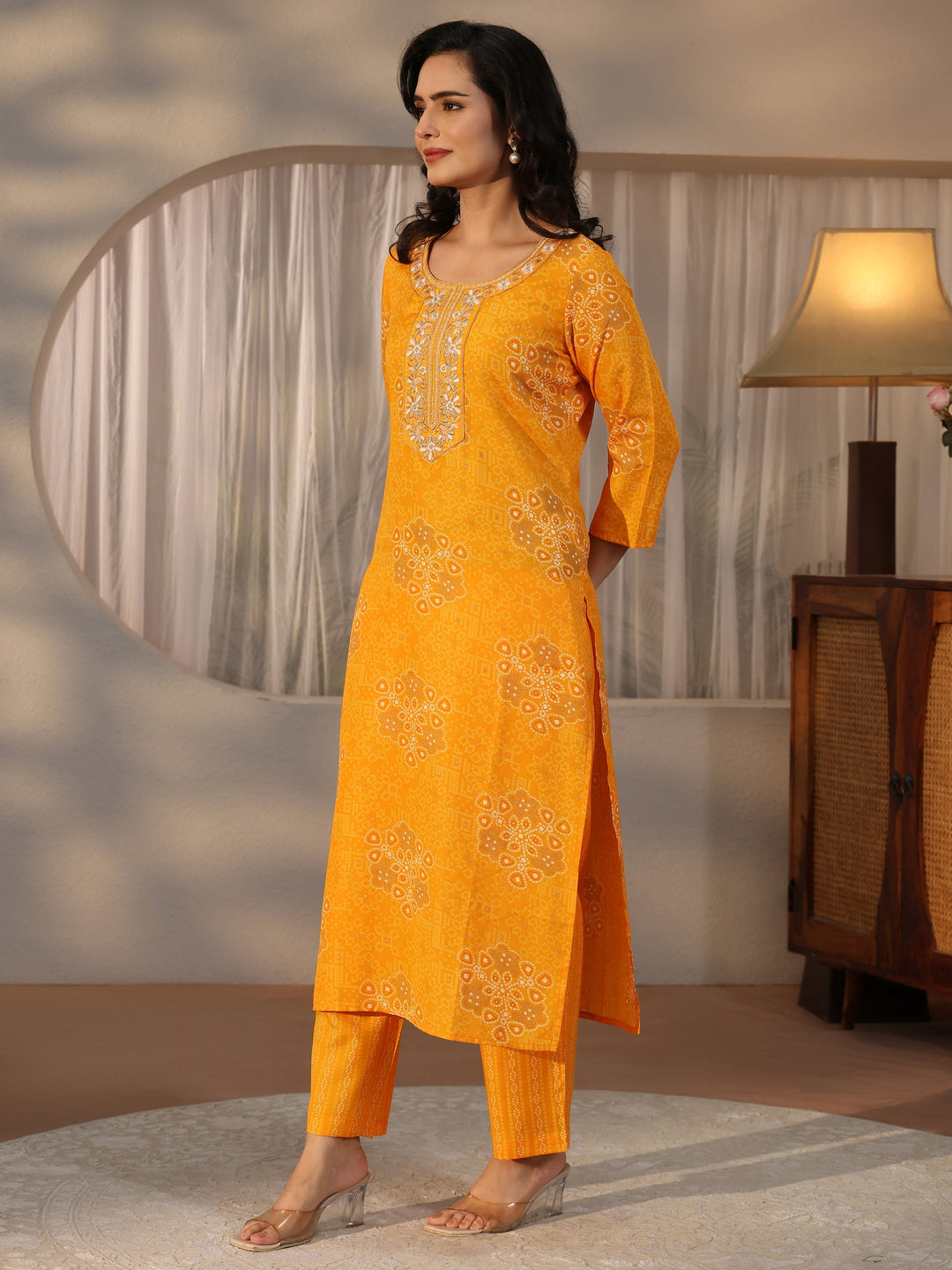  Gerua Mustard Bandhani Printed Straight Suit Set 