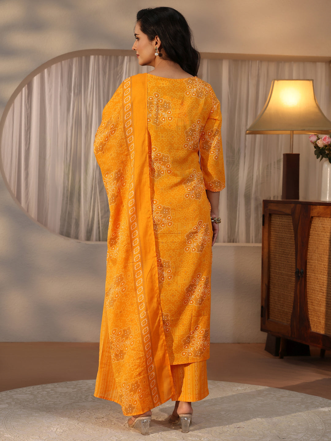  Gerua Mustard Bandhani Printed Straight Suit Set 